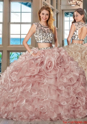 Beautiful See Through Brush Train Ruffled Quinceanera Dress with Cap Sleeves