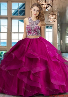 Beautiful Two Piece Brush Train Fuchsia Quinceanera Dress with Criss Cross