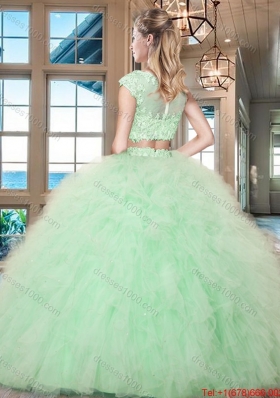 Beautiful Two Piece Ruffled Cap Sleeves Tulle Quinceanera Gown in Lavender