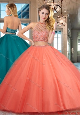 Best Selling Two Piece Halter Top Backless Quinceanera Dress with Beading