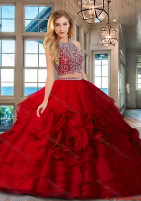 Best Selling Two Piece Open Back Red Quinceanera Dress with Brush Train