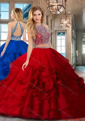 Best Selling Two Piece Open Back Red Quinceanera Dress with Brush Train
