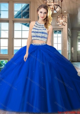 Designer Two Piece Open Back Royal Blue Quinceanera Dress with Beading