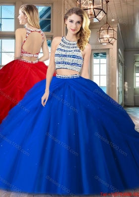 Designer Two Piece Open Back Royal Blue Quinceanera Dress with Beading