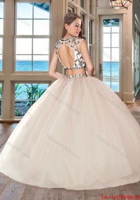 Discount Big Puffy Two Piece Tulle White Quinceanera Dress with Open Back