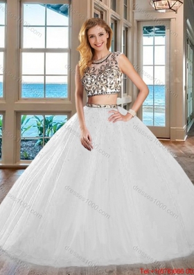 Discount Big Puffy Two Piece Tulle White Quinceanera Dress with Open Back