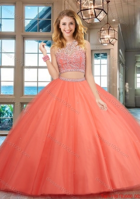 Elegant Two Piece Open Back Tulle Beaded Quinceanera Dress in Rust Red