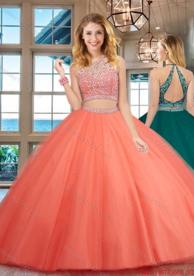 Elegant Two Piece Open Back Tulle Beaded Quinceanera Dress in Rust Red