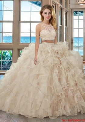 Fashionable Ball Gown Scoop Brush Train Baby Pink Two Piece Quinceanera Dresses with Beading and Ruffles