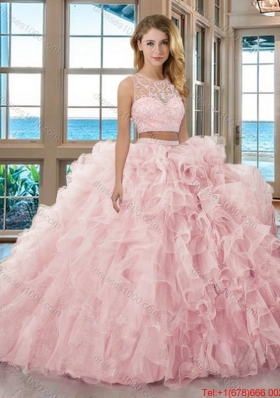 Fashionable Ball Gown Scoop Brush Train Baby Pink Two Piece Quinceanera Dresses with Beading and Ruffles