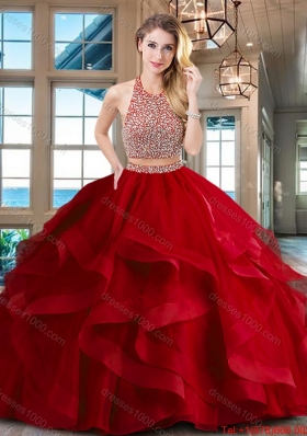 Fashionable Two Piece Beaded Decorated Halter Top Sweet 16 Dress with Brush Train