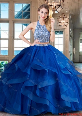 Fashionable Two Piece Beaded Decorated Halter Top Sweet 16 Dress with Brush Train