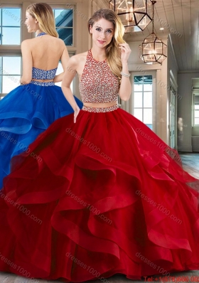 Fashionable Two Piece Beaded Decorated Halter Top Sweet 16 Dress with Brush Train