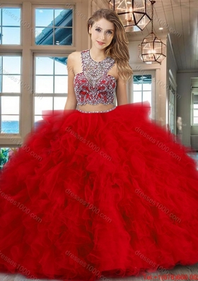 Gorgeous Brush Train Ruffled and Beaded Red Quinceanera Gown in Tulle