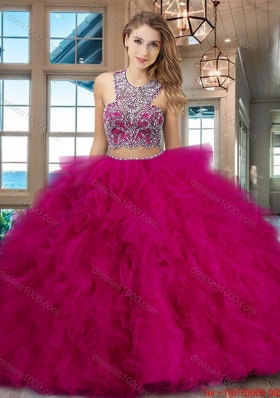 Gorgeous Brush Train Ruffled and Beaded Red Quinceanera Gown in Tulle