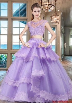 Lovely Tulle Lavender Quinceanera Dress with Ruffled Layers and Lace Appliques