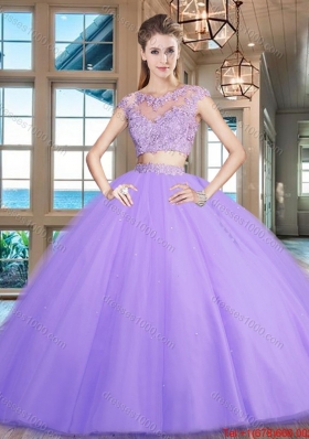 Luxurious Zipper Up Cap Sleeves Lavender Sweet 16 Dress with Beading and Appliques