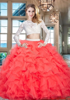 Modest See Through Scoop Two Piece Quinceanera Dress with Ruffles and Lace