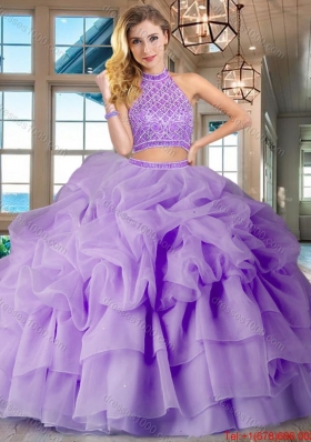 Most Popular Two Piece Lavender Brush Train Quinceanera Dress with Beading and Bubbles