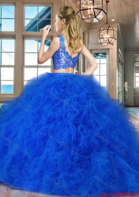 Perfect Brush Train Ruffled and Laced Tulle Quinceanera Dress in Royal Blue