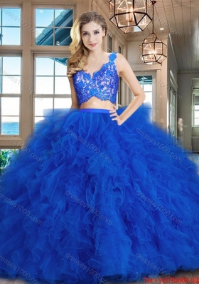 Perfect Brush Train Ruffled and Laced Tulle Quinceanera Dress in Royal Blue