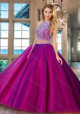 Perfect Really Puffy Brush Train Open Back Fuchsia Quinceanera Dress