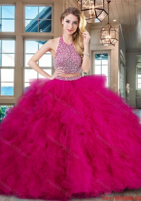 Perfect Ruffled and Beaded Fuchsia Quinceanera Dress with Brush Train