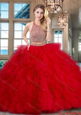 Perfect Ruffled and Beaded Fuchsia Quinceanera Dress with Brush Train