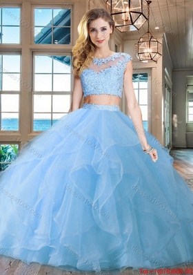Popular Really Puffy Cap Sleeves Light Blue Quinceanera Dress with Ruffles