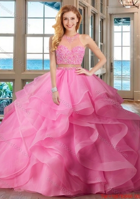 Pretty Two Piece Puffy High Neck Brush Train Baby Pink Quinceanera Dresses with Beading and Ruffles