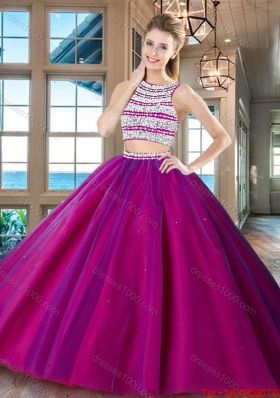 Romantic Two Piece Beaded Bodice Open Back Fuchsia Quinceanera Dress in Tulle