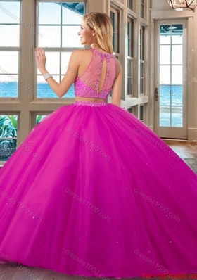 See Through High Neck Brush Train Beaded Bodice Open Back Quinceanera Dresses in Royal Blue