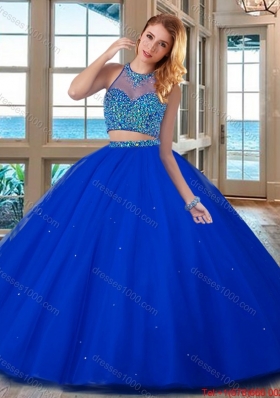 See Through High Neck Brush Train Beaded Bodice Open Back Quinceanera Dresses in Royal Blue