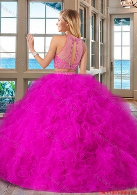 See Through Puffy High Neck Brush Train Two Piece Royal Blue Quinceanera Dresses