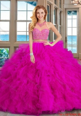 See Through Puffy High Neck Brush Train Two Piece Royal Blue Quinceanera Dresses