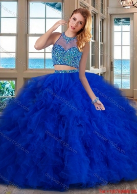 See Through Puffy High Neck Brush Train Two Piece Royal Blue Quinceanera Dresses