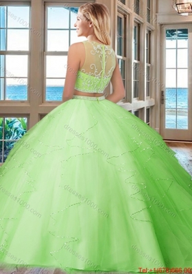 See Through Puffy Scoop Tulle Two Piece Quinceanera Dresses with Beading and Ruffles