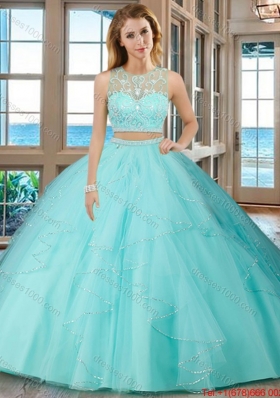 See Through Puffy Scoop Tulle Two Piece Quinceanera Dresses with Beading and Ruffles