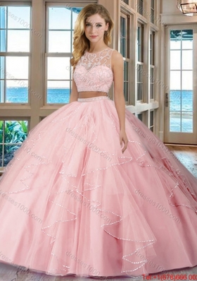 See Through Puffy Scoop Tulle Two Piece Quinceanera Dresses with Beading and Ruffles