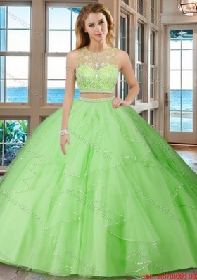 See Through Puffy Scoop Tulle Two Piece Quinceanera Dresses with Beading and Ruffles