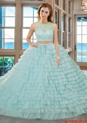 Two Piece Yellow Green Ball Gown Scoop Beaded and Ruffled Layered Zipper Up Quinceanera Dresses with Brush Train