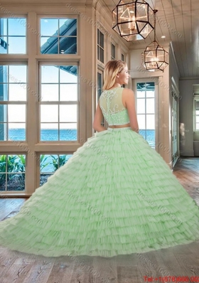 Two Piece Yellow Green Ball Gown Scoop Beaded and Ruffled Layered Zipper Up Quinceanera Dresses with Brush Train