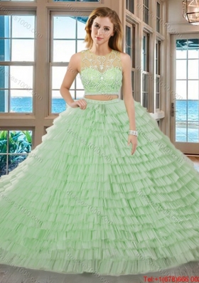 Two Piece Yellow Green Ball Gown Scoop Beaded and Ruffled Layered Zipper Up Quinceanera Dresses with Brush Train