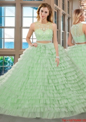 Two Piece Yellow Green Ball Gown Scoop Beaded and Ruffled Layered Zipper Up Quinceanera Dresses with Brush Train