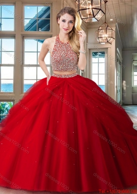 Unique Big Puffy Two Piece Backless Red Quinceanera Dress in Tulle