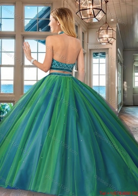 Unique Two Piece Beaded Bodice Backless Quinceanera Dress in Dark Green