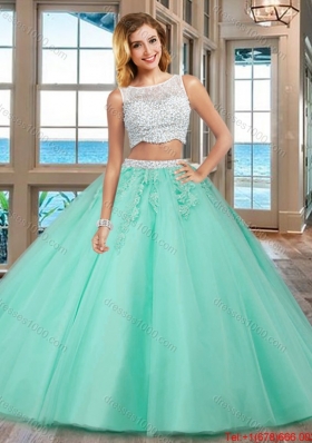 Elegant Puffy Bateau Brush Train Beading and Appliques Detachable Quinceanera Dresses in Apple Green