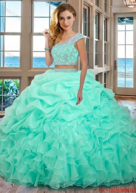 Puffy Scoop Organza Ruffled and Beaded Cap Sleeves Backless Mint Two Piece Quinceanera Dresses