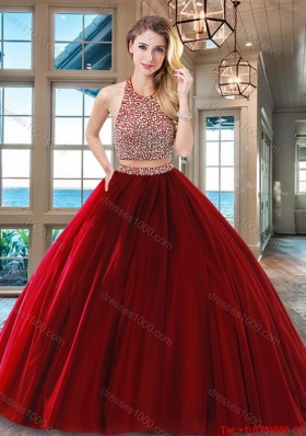 Simple Floor Length Beaded Decorated Waist Quinceanera Dress in Wine Red