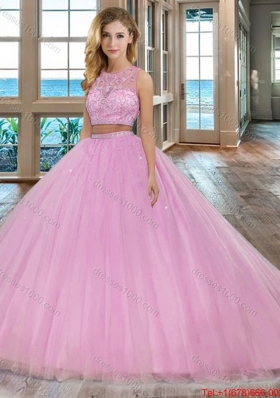 Two Piece Scoop Zipper Up Tulle Pink Quinceanera Dresses with Brush Train